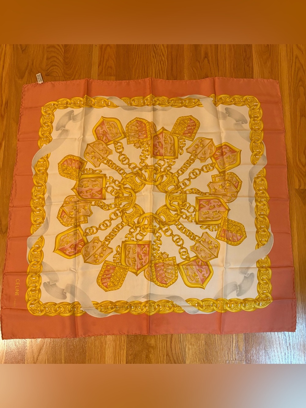 Vintage CELINE Paris 100% Silk Scarf – Gold Chain & Charm Motif – Made in Italy